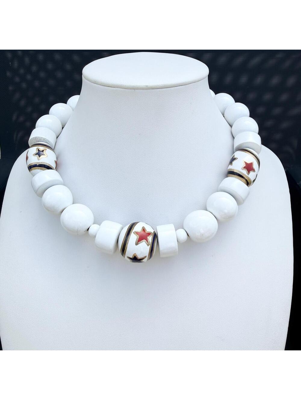 Handmade Patriotic Wood Bead Necklace July 4th Red White Blue Statement Necklace